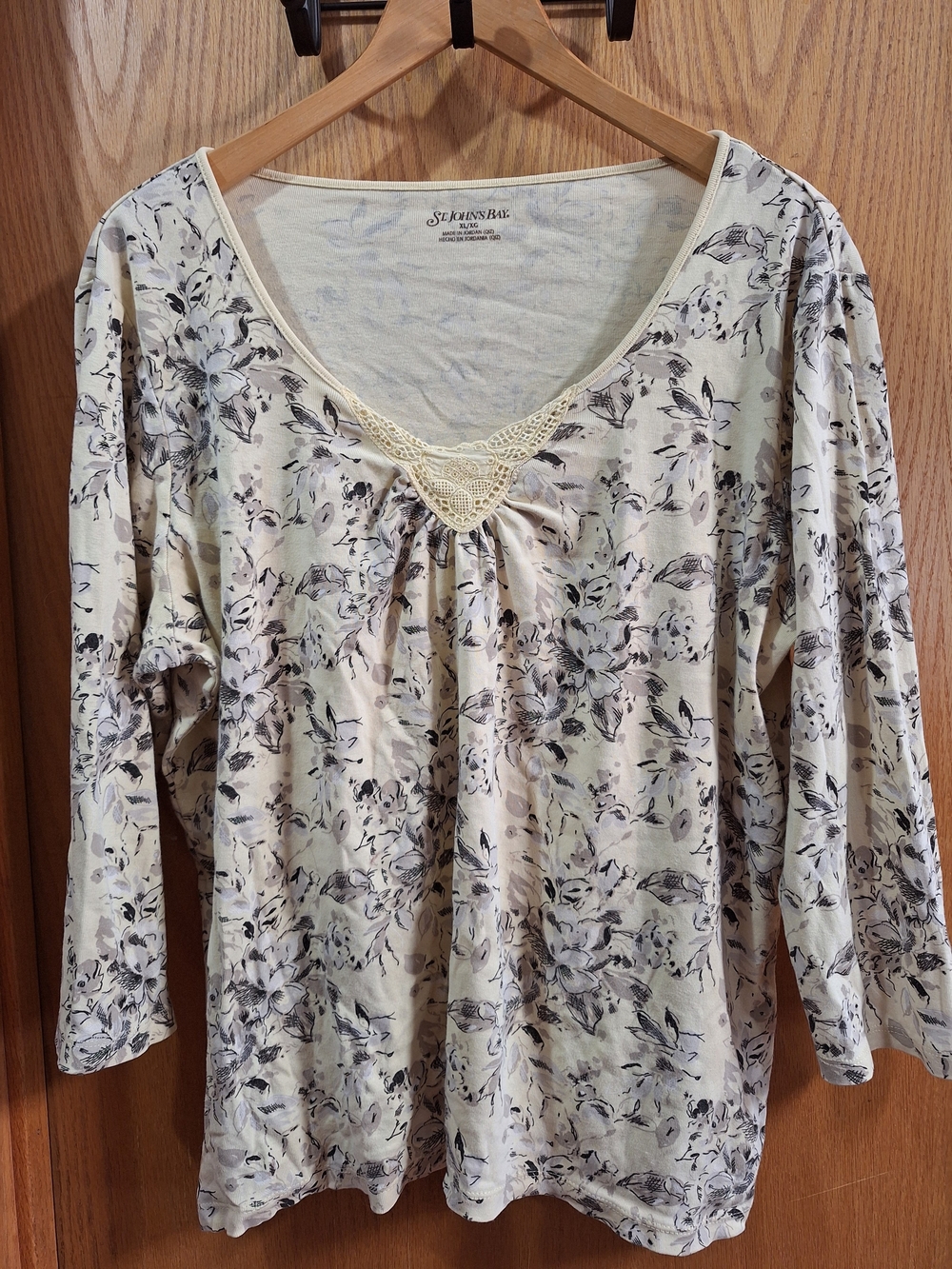 St. John's Bay Cream Floral Lace-Trim Long Sleeve Tee